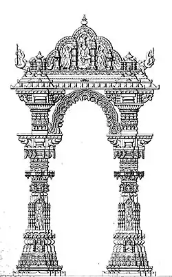 Artistic rendition of the Kirtistambh, a surviving portion of the 10–11th century Rudra Mahalaya Temple. The temple was partly destroyed by the Sultan of Delhi, Alauddin Khalji, in 1296 CE, with part converted into a mosque and further parts destroyed by Ahmed Shah I in the 15th century.