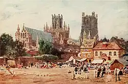 Watercolour The Market Place, Ely by W. W. Collins published 1908 showing northeast aspect of Ely Cathedral in the background with the Almonry in front of that and the now demolished corn exchange building to the right of the picture