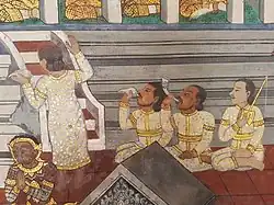 Royal Brahmins performing a ceremony, mural painting from Temple of Emerald Buddha