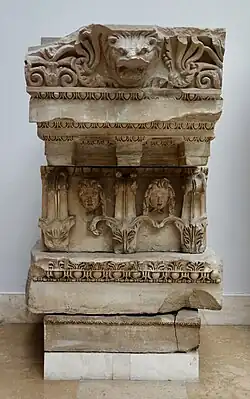Roman mascarons on an entablature fragment from the Temple of Zeus Philios in Pergamon, 115-130 BC, unknown type of stone, Pergamon Museum, Berlin
