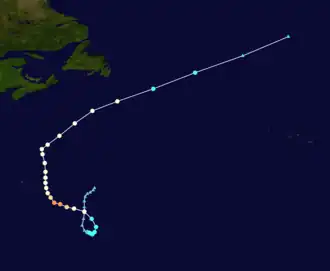Map plotting the track and intensity of Hurricane Epsilon at 6-hour intervals, according to the Saffir–Simpson scale; the cyclone initially made a counterclockwise loop, before tracking westward, then northward and passing east of Bermuda, before accelerating northeastward. Refer to the adjacent text for further details on the storm track and intensity.