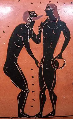 Image 14Traditional pederastic courtship scene on an Athenian black-figure amphora from the 5th century B.C.