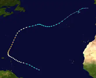 A map plotting the path and intensity of a hurricane over the Atlantic Ocean