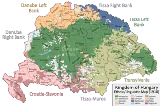 Map of the Kingdom of Hungary in 1910, based on the Hungarian census of the same year. Hungarians are marked in dark green.