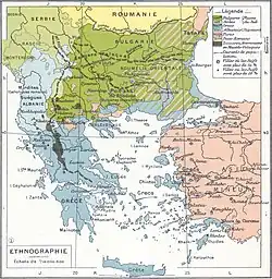 French ethnographic map of the Balkans by Paul Vidal de la Blache showing the Bulgarian population in Eastern Thrace