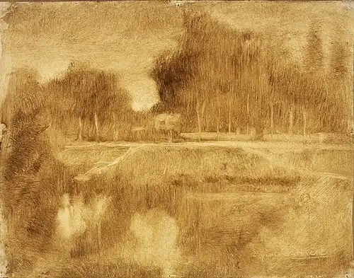 Landscape in the Orne (c. 1901), oil on prepared paper mounted on canvas, 32.7 x 41.3 cm., Museum of Art, Rhode Island School of Design, Providence