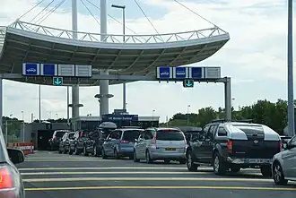 UK Border Force checkpoint at the Eurotunnel Calais Terminal, where entry checks are carried out before boarding the train to the UK
