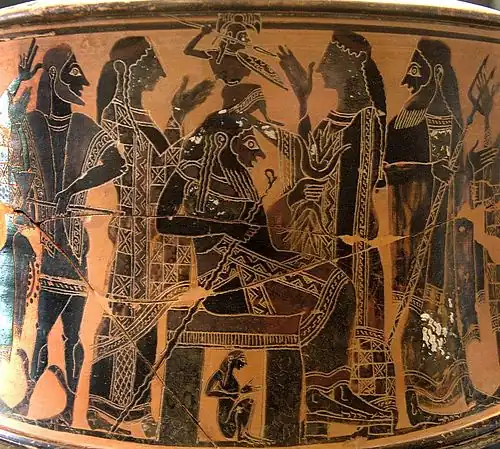 Attic black-figure exaleiptron of the birth of Athena from the head of Zeus (c. 570–560 BC) by the C Painter[218]