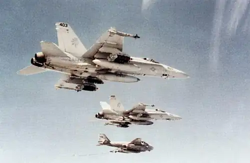 Two F/A-18As from VFA-87 about to refuel from an A-6E from VA-36 during Desert Storm in 1991.