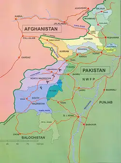 A map showing parts of Pakistan and Afghanistan, including the Federally Administered Tribal Areas that are located in Pakistan, adjacent to the south-east border of Afghanistan.