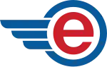 A red, lowercase "E" enclosed in a blue circle with blue "action lines" on the left
