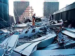 A piece of fuselage on the roof of 5 World Trade Center