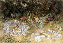 Although the fairy realm may be seen as benevolent, on the other hand, according to many folk tales, an invasion of the Fairy ring is perilous for men.[56] Fairy Rings by Richard Doyle, 1875.