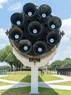 Falcon 9 booster B1035 being displayed in Space Center Houston.