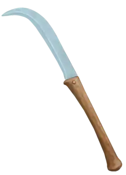 A straight blade about half a meter long, narrowing and bent through 90 degrees at the tip to form a hook, with a waisted wooden handle almost as long as the blade, suitable for using two-handed.