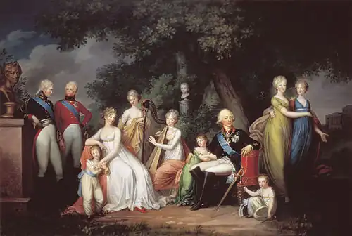 A family in a park. On the left, two young men in military uniforms sand next to a bust of Peter the Great. Then sits a woman in white, caressing a little boy in white with a blue belt. Then two girls in white, the second playing the harp, with the bust of a small girl above them. The father sits next in a military uniform, caressing a little girl in green, and a small boy sits next to his chair. Two young women, one in greenish yellow and the other in blue, stand on his right.