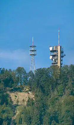 New (pictured on the left) and old (pictured on the right) broadcasting tower on Felsenegg