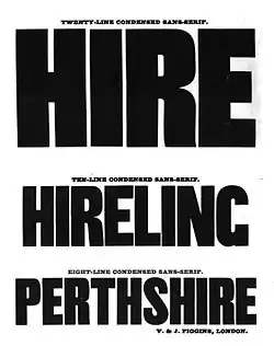 Sample image of condensed sans-serifs from the Figgins foundry of London in an 1845 specimen-book. Much less influenced by classical models than the earliest sans-serif lettering, these faces became extremely popular for commercial use.