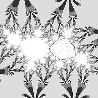 Julia set for '"`UNIQ--postMath-0000001B-QINU`"', where '"`UNIQ--postMath-0000001C-QINU`"' and '"`UNIQ--postMath-0000001D-QINU`"' is the golden ratio. Orbits of some points inside the Siegel disc emphasized