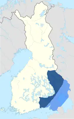 Finnish Karelia until 1940: in lighter blue the area ceded to the Soviet Union in that year, now part of Russia.