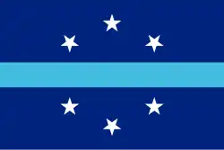 The flag of Anaheim, California (2018–2019), a charged horizontal triband.