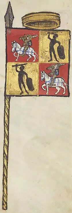 One of the earliest surviving depictions of Vytis (Waykimas) in a flag of Vytautas the Great. Painted in 1416 by a Portuguese herald, who attended the Council of Constance.[103]