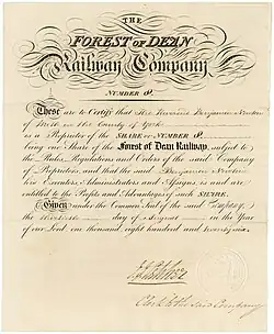 Founder share of the Forest of Dean Railway Company, issued on 30 August 1826