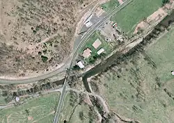 Aerial view of Forks of Waters. The South Branch Potomac River flows diagonally across the image.