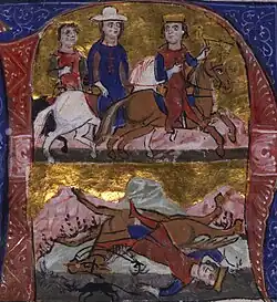 People riding, a man thrown under a horse