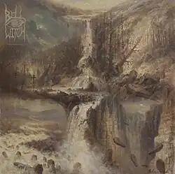 A gloomy, washed-out painting of waterfalls in a bleak landscape