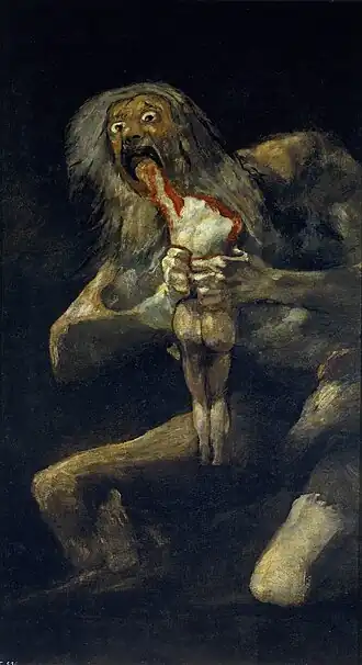Painting of a ghoulish, naked man holding a bloody, naked body and devouring the arm.