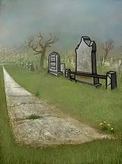 Color painting of tombstones, one on the left with inscriptions and on the right either blank or facing away; in front of these, a paved patch abruptly ends.
