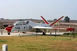 A retired Fouga CM.170 Magister Tzukit of the IAF Aerobatic Team (see double goose symbol) at HaBonim Airfield 2013