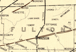 1898 railroad map. Emery is on the map, mistakenly labeled in place of Spring Hill. Emery would actually be located closer to the top of the "L" in "Fulton."[6]