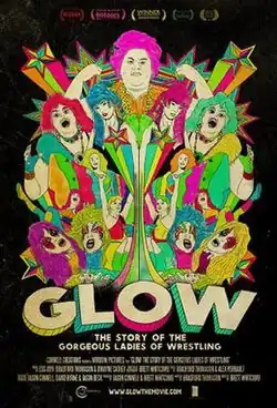 A colorful drawing of some of the female professional wrestlers of GLOW
