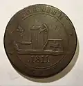 1811 Cornish penny showing a mine pumping engine and winding gear