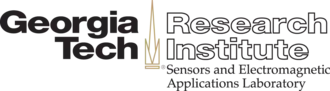 The words "Georgia Tech" in black to the left of a stylized campanile, and the words "Research Institute" in outline to the right of the stylized campanile. The words "Sensors and Electromagnetic Applications Laboratory" are written below the right side of the image.