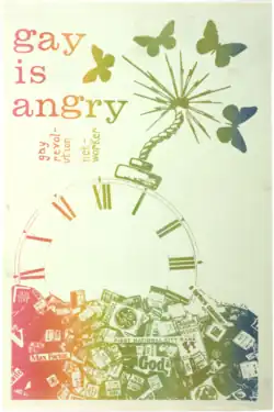 A poster that reads “gay is angry” above a collage of a timepiece with a burning fuse, surrounded by butterflies. The whole poster is printed in multicolor ink creating a rainbow gradient.