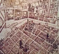 The church (far right) on a city plan from 1601.