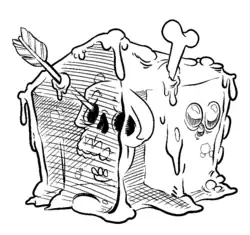 An uncolored illustration of a slimy gelatinous cube. Embedded within it are a skull, a bone, and an arrow.