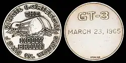 Gemini 3 mission emblem and crew names (front). Flight date (back)