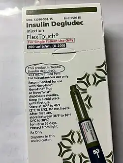 box with an insulin pen on it labeled degludec