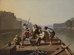 Oil painting of the view from eye level on a boat, looking toward a half-a-dozen roughneck types seated on the deck, with a charred fire pit in the foreground and the broad expanse of the Mississippi waters in the background