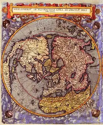 The Northern Hemisphere, also from Speculum Orbis Terrae, 1593. Note the unusual perspective from a position above the north pole.
