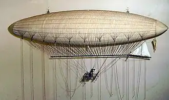 A model of the first dirigible, the 1852 steam powered Giffard Airship, on display at the London Science Museum