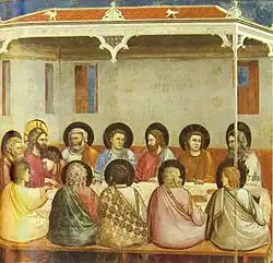 Giotto Scrovegni Chapel, 1305, with flat perspectival haloes; the view from behind causes difficulties, and John's halo has to be reduced in size.