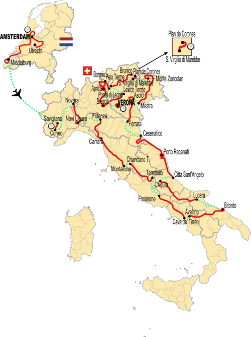 Map of Italy showing the path of the race, starting in Amsterdam and transferring to Savigliano in Italy before going counter-clockwise and reaching Apulia in the south before coming back north to finish in Verona, by the Dolomites in northeast Italy