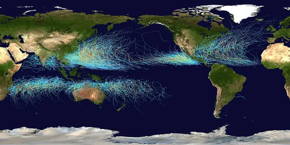 Image 18This map shows the tracks of all tropical cyclones that formed worldwide from 1985 to 2005. The points show the locations of the storms at six-hourly intervals and use the color scheme shown on the right from the Saffir-Simpson Hurricane Scale. (Credit: Nilfanion.) (from Portal:Earth sciences/Selected pictures)