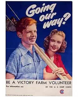 A young white boy appears to be carrying gardening tools on his shoulder. A young white girl is behind him, smiling. Large text reads 'Going our way?'. The color scheme for the entire image is red, white, and blue.