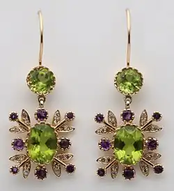 Gold earrings in suffragette colours